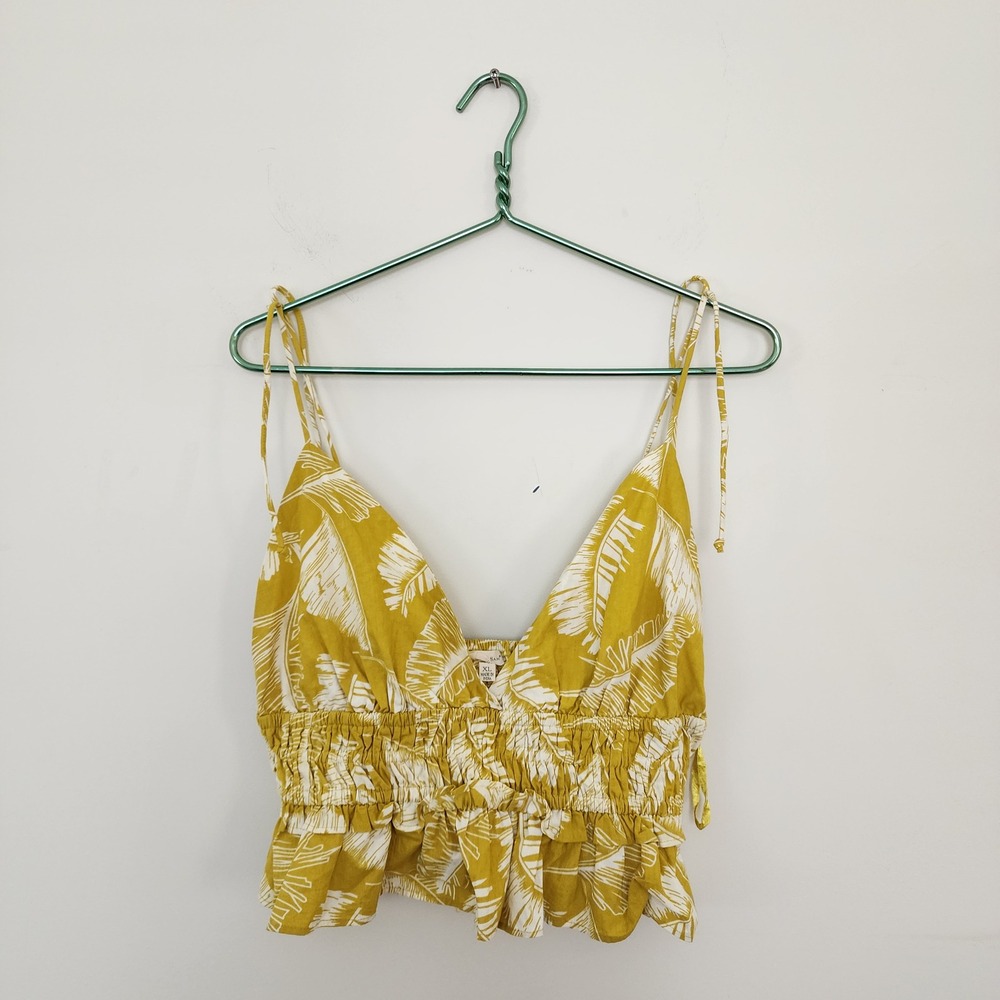 Sim & Sam Yellow Palm Leaf Print Smocked Crop Top XL Cotton V-Neck Tie Strap